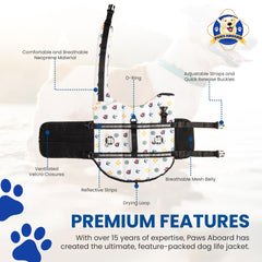 Paws Aboard dog life jacket grab-handle enables quick retrieval if needed