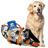 Paws Aboard dog life jacket grey camouflage on dock ready for boating adventures