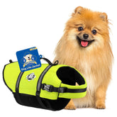 Paws Aboard neon yellow dog life jacket front view enhances visibility for water play.