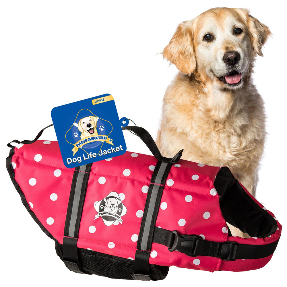Paws Aboard pink polka dot dog life jacket worn on a large dog for beach day safety
