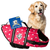Paws Aboard pink polka dot dog life jacket worn on a large dog for beach day safety