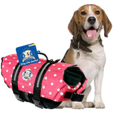 Paws Aboard dog life jacket pink polka dot small front view for water visibility.