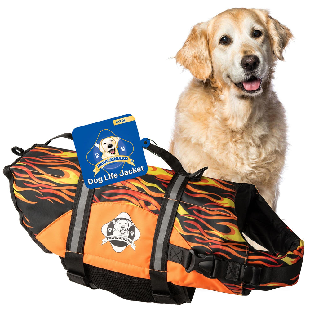 Paws Aboard dog life jacket with racing flames pattern for water adventures and safety