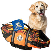 Paws Aboard dog life jacket with racing flames pattern for water adventures and safety