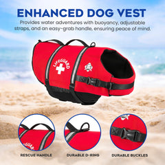 Paws Aboard red life vest with breathable mesh belly for cooling comfort.