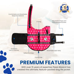 Paws Aboard dog life jacket reflective strips improve low-light visibility.