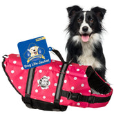 Paws Aboard life jacket pink polka dot front view emphasizes safety and stylish water adventure
