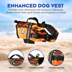 Paws Aboard racing flames xx-small back view emphasizes durable grab handle for quick retrieval.