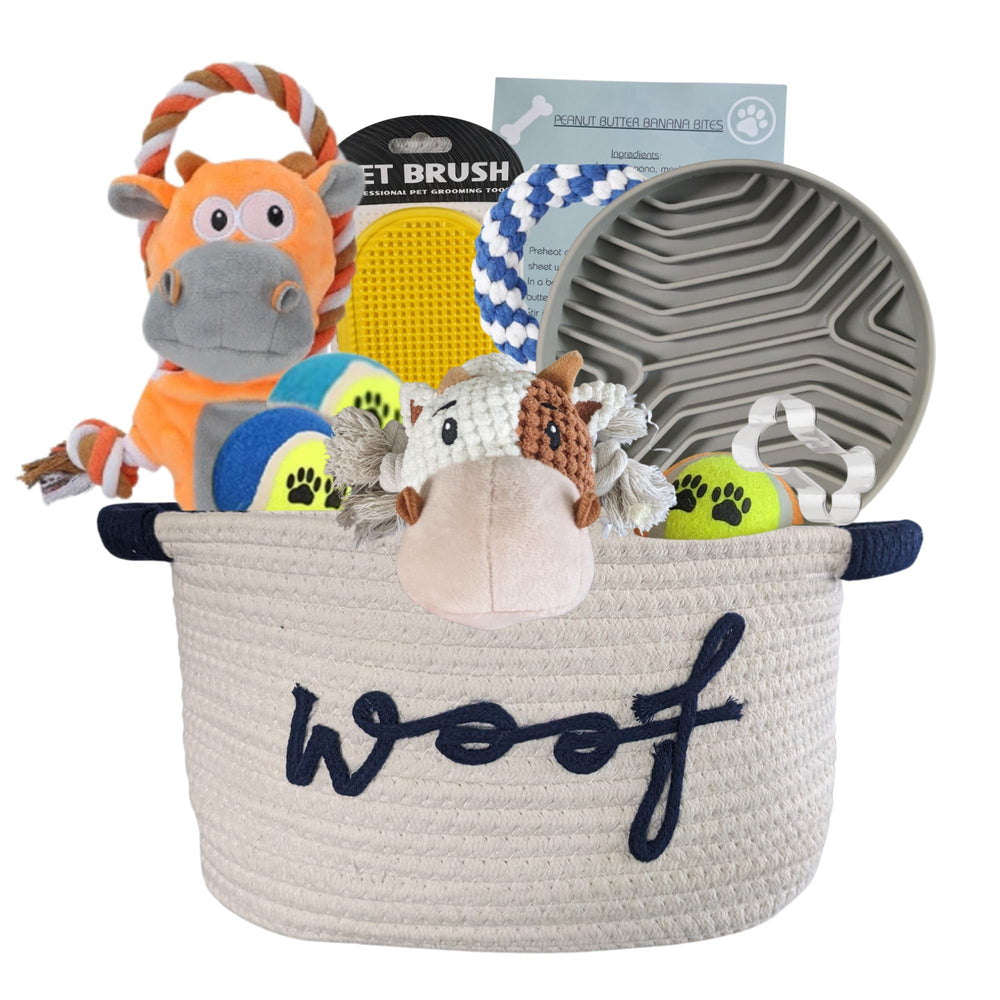 Paws For Reaction puppy gift basket front view — ideal starter kit for new puppies.