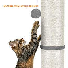 PAWSCRAT scratching post with dangling balls for playful engagement.
