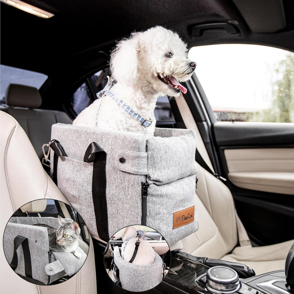 Pawseat center console dog car seat in-car view helps small dogs feel secure.