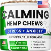 Pawsential Advanced Hemp Calming Chews bottle promotes calmer moments and anxiety relief.