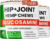 Pawsential hemp hip joint dog bottle showing value-pack chews for senior mobility.