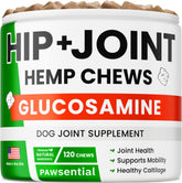 Pawsential hemp treats dog bottle: convenient hip and joint support chews for daily mobility