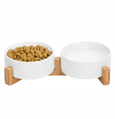 Pawsome ceramic cat and small dog bowls with wood stand for stable feeding