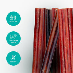 Pawsome Ranch bully sticks 12in pack dog-chew-closeup highlights natural beef flavor