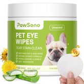 PawSono Eye Wipes packaging shows 100-count pack for home or travel convenience.