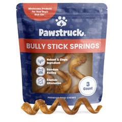 Pawstruck 6in bully stick springs pack-3—durable rawhide-free chew for dogs.