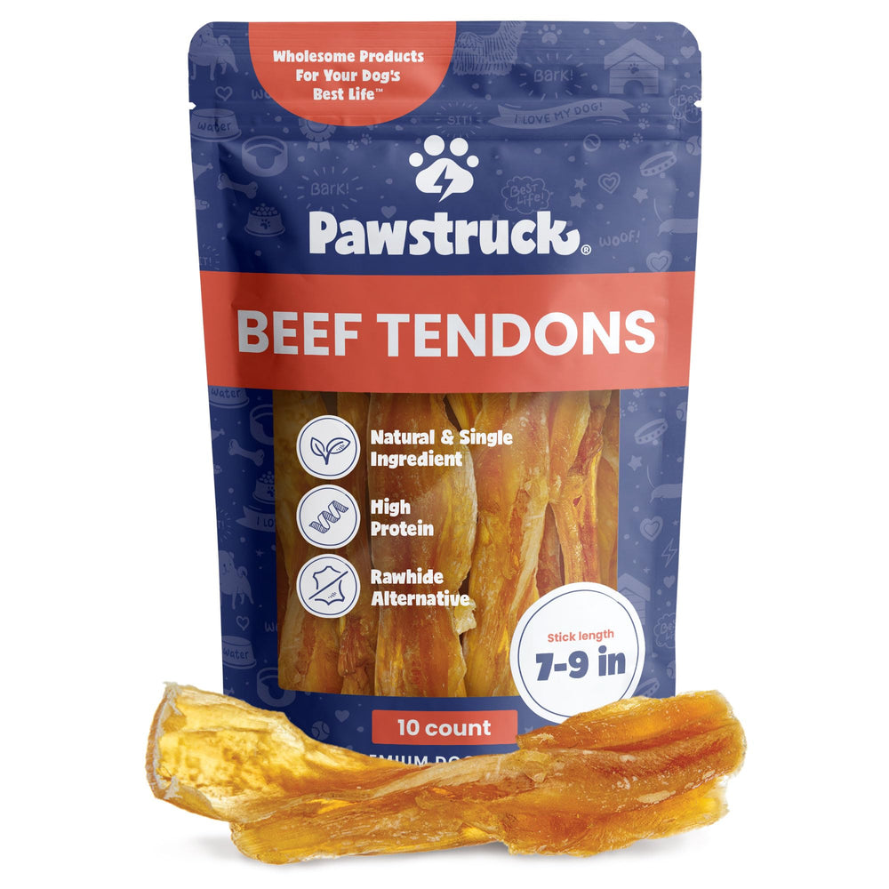 Pawstruck Beef Tendon Chew Sticks packaging showcases a rawhide-free formula for dogs.