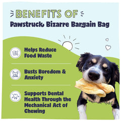 Pawstruck Bizarre Bargain Bag rawhide-free bones image highlights safe, long-lasting chews for all breeds.