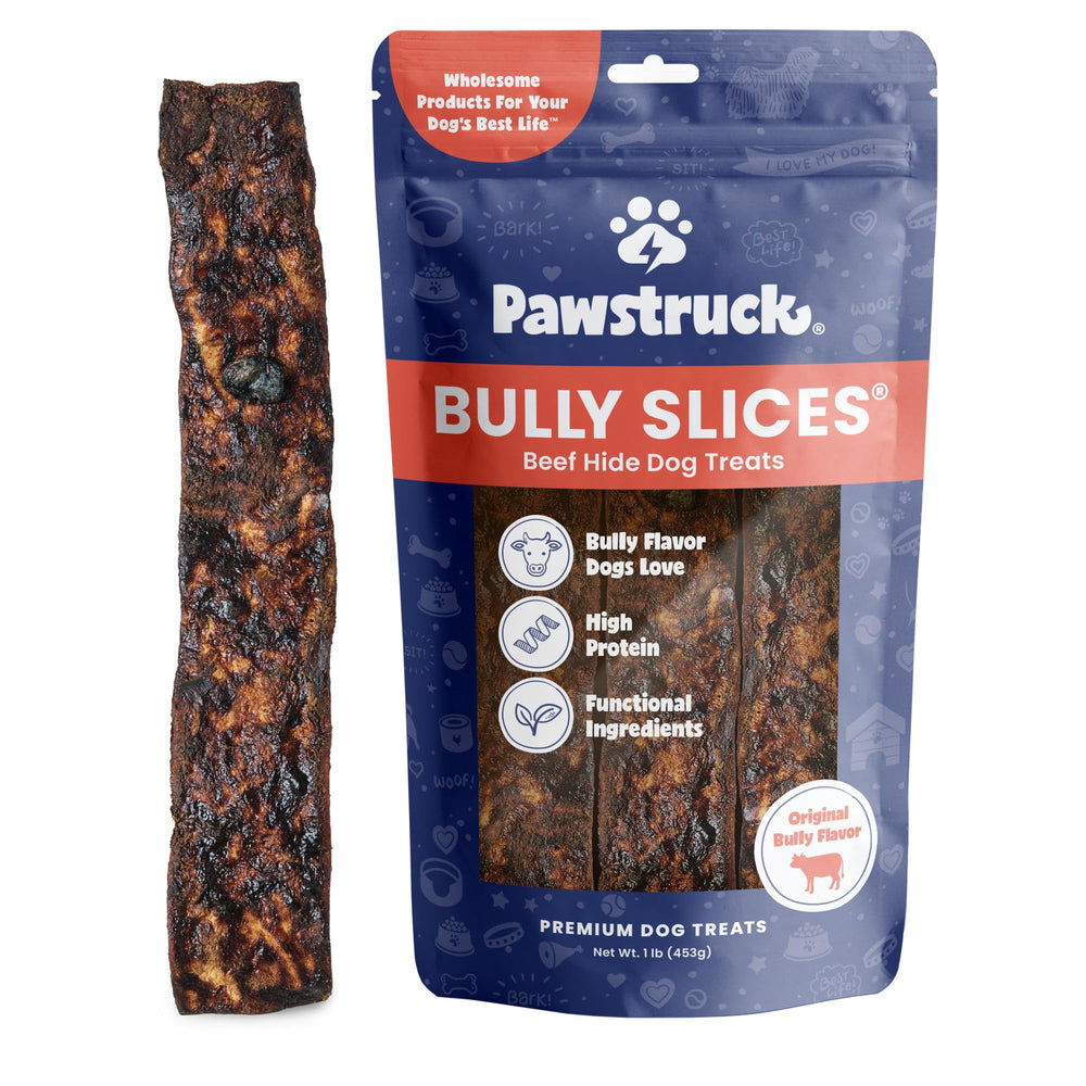 Pawstruck Bully Slices beef-flavor rawhide sticks offer long-lasting chewing entertainment for dogs.
