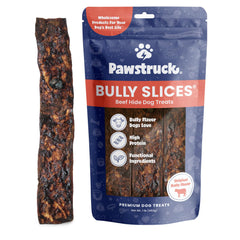 Pawstruck Bully Slices beef-flavor rawhide sticks offer long-lasting chewing entertainment for dogs.