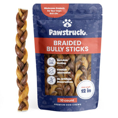 Pawstruck Natural 12-inch braided bully stick packaging shows a durable, rawhide-free chew option for dogs.
