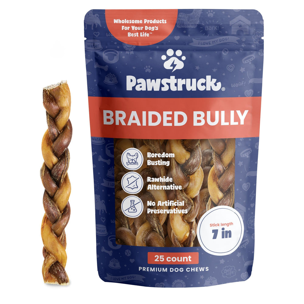 Pawstruck Natural 7-inch braided bully sticks packaging shows a 25-count bag for long-lasting chew