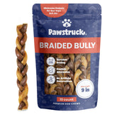 Pawstruck natural 9-inch braided bully stick shows packaging variation and durability.