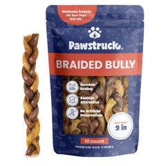 Pawstruck natural 9-inch braided bully stick shows packaging variation and durability.
