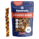 Pawstruck Natural 9-inch braided bully sticks packaging shows durability for tough chewers.