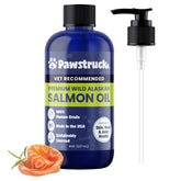 Pawstruck pure human-grade salmon oil bottle shows premium daily supplement for dogs and cats.