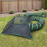 Pawtenda outdoor cat camp tents setup in backyard for safe exploration