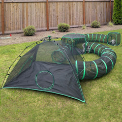 Pawtenda outdoor cat camp tents setup in backyard for safe exploration