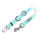 Pawtitas dog seat belt teal strap adjustment shows customizable fit for safer car rides.