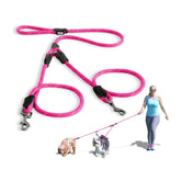 Pawtitas double leash for two dogs shows synchronized walking with a 6ft reach.