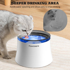 Pawtners cat-friendly water fountain deep drinking area, suitable for multi-pet homes.