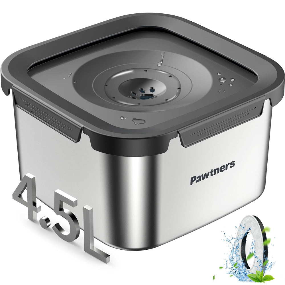 Pawtners dog water bowl no-spill 4.5L capacity reduces refills and keeps floors dry.