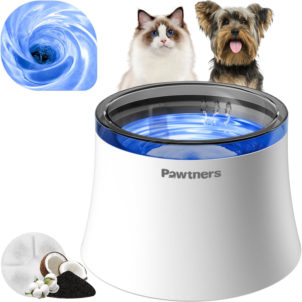 Pawtners dog water fountain front view, compact design for easy placement and access.