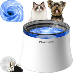 Pawtners dog water fountain front view, compact design for easy placement and access.
