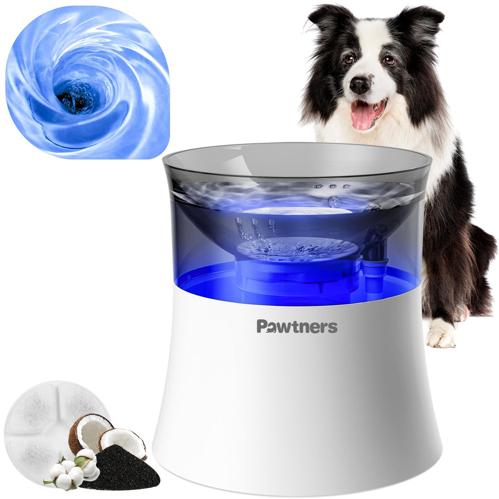 Pawtners dog water fountain with vortex filtration for cleaner drinking water.