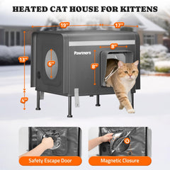 Pawtners heated outdoor cat house elevated feet demonstrate moisture avoidance and stable placement