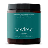pawTree Chillax pack shot shows calming hemp chews for dogs supporting stress relief during storms.