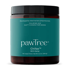 pawTree Chillax pack shot shows calming hemp chews for dogs supporting stress relief during storms.