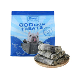 PAWUP Cod Skin Dog Treats packaging: natural fish roll snack for healthy coat support.