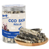 PAWUP Cod Skin Rolls packaging promotes omega-rich snack for coat health.