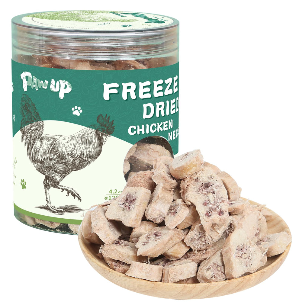 PAWUP Freeze Dried Chicken Neck Treats packaging emphasizes a single-ingredient feature for training snacks.
