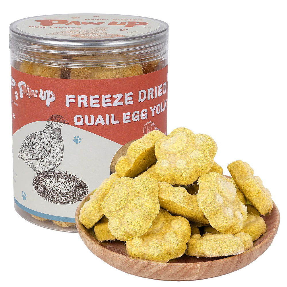 PAWUP freeze-dried quail egg yolk treats in paw shapes support coat health.