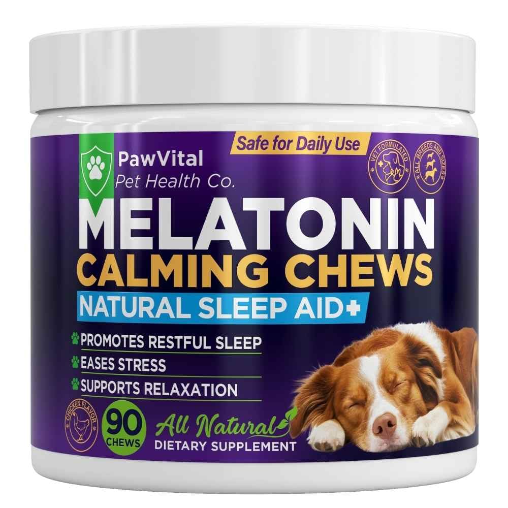 PawVital melatonin calming chews bottle promotes natural sleep support for dogs.