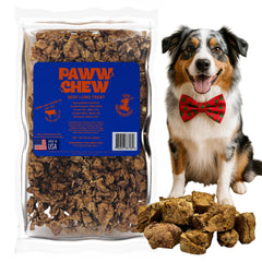 PAWW CHEW beef lung dog treat packaging highlights USA-made quality for training rewards.